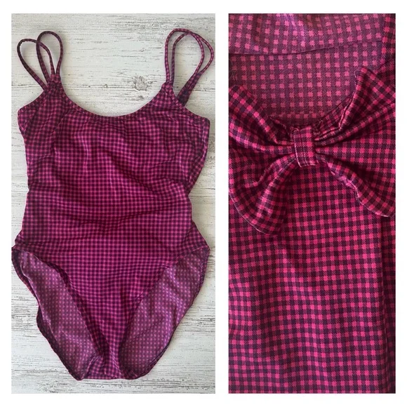 VINTAGE 80s Gingham High Cut Bow One Piece Swimsuit Dunkis of New York Hot Pink - Picture 1 of 14